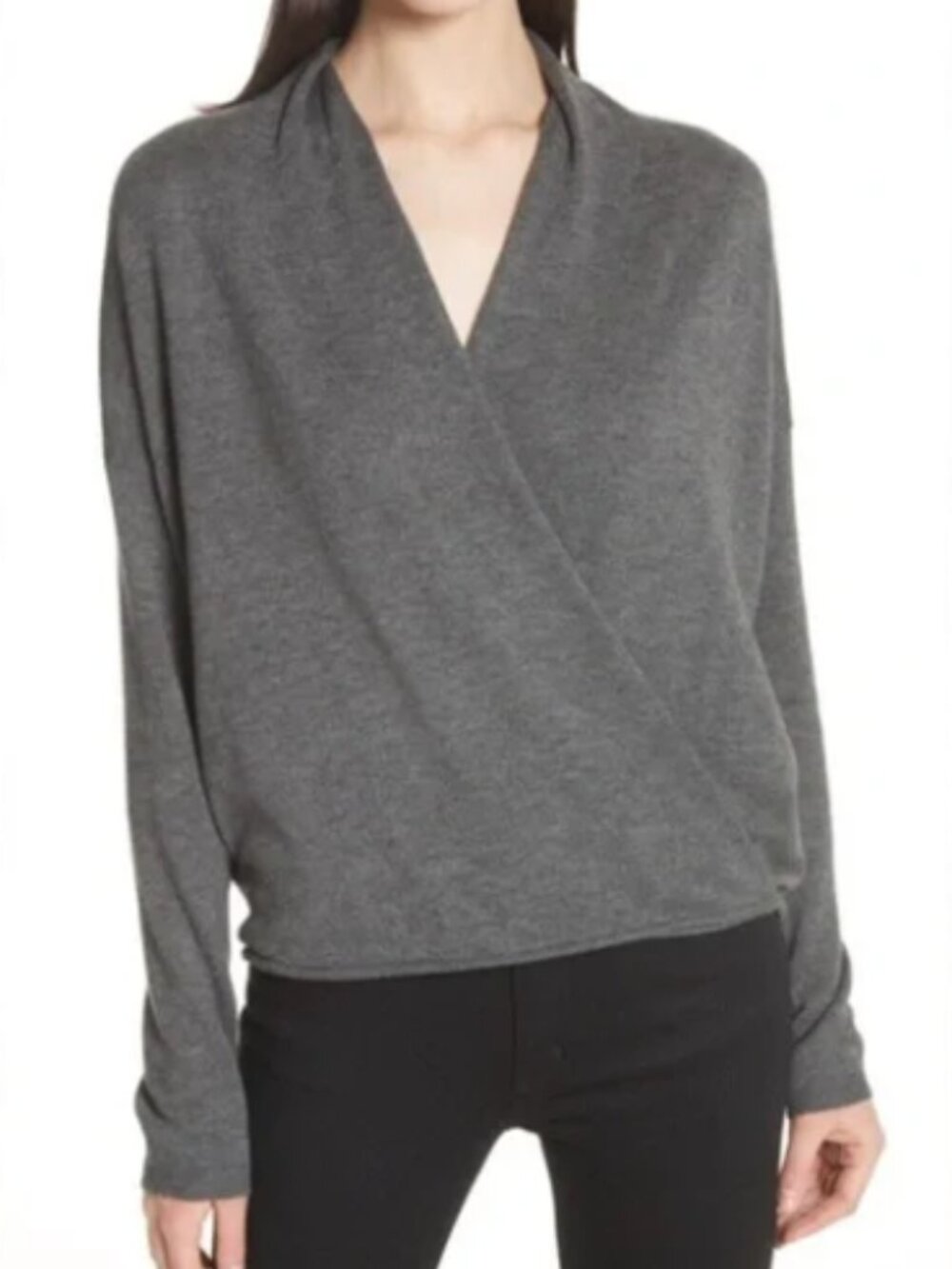 Joie Lien Cashmere Surplice Wrap 100% Cashmere Sweater Charcoal Grey - M